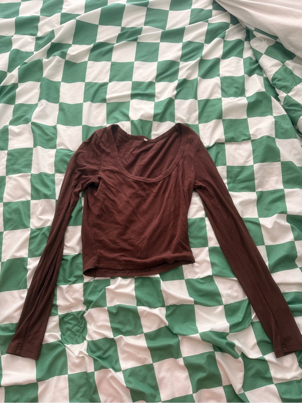 Long-Sleeve Scoop Neck Crop Top - Brown
